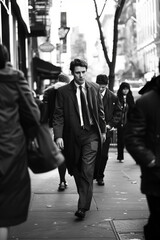Monochrome candid street photography. Main in business suit ona busy city street  - obrazy, fototapety, plakaty