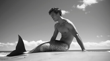 Monochrome 1960s style male mermaid / merman with intricate tail on a beach. 