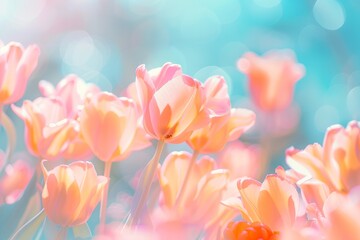 colorful tulips flower background, spring outdoor mood, pastel color wallpaper patter, sunny day light, pastel meadows theme concept