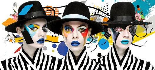 pop art style portrait of three  caucasian models with a large hat  posing on camera, black and...