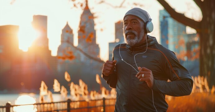 African American senior man in athletic wear and headphones jogging outdoors with city skyline view, real photo --ar 25:13 Job ID: 152e3ea9-ae2d-49ed-94e9-377bc83ec596