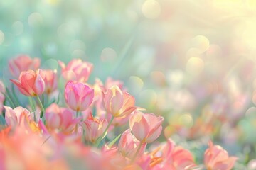 colorful tulips flower background, spring outdoor mood, pastel color wallpaper patter, sunny day light, pastel meadows theme concept