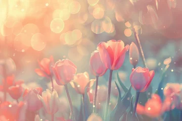Muurstickers colorful tulips flower background, spring outdoor mood, pastel color wallpaper patter, sunny day light, pastel meadows theme concept © aledesun