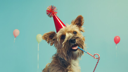 A dog wearing a party hat holds a ribbon streamer in its mouth.