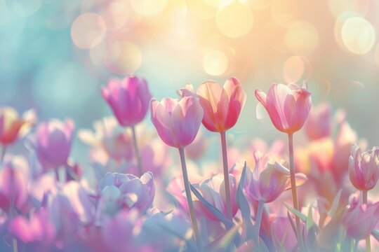 Fototapeta colorful tulips flower background, spring outdoor mood, pastel color wallpaper patter, sunny day light, pastel meadows theme concept