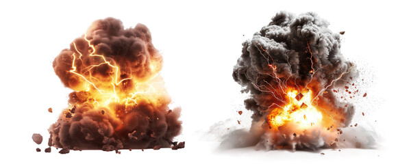 Set of smoke explosions with lightnings isolated on transparent background. - obrazy, fototapety, plakaty