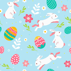 Seamless pattern with Easter bunnies and eggs. Cute rabbits. Easter symbol, decorative vector elements. Easter colored simple pattern. Easter eggs and hand drawn texture Vector