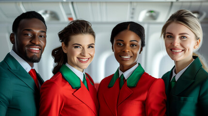 Smiling team of airline cabin crew wearing red and green suits with airplane interior backdrop.
