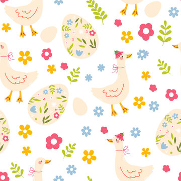 Seamless spring easter pattern with goose, eggs and flowers. Easter seamless pattern, Easter symbol, decorative vector elements. Easter colored simple pattern.