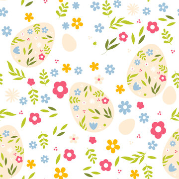 Easter colored eggs simple pattern. Easter eggs seamless pattern with flowers. Easter symbol, decorative vector elements	
