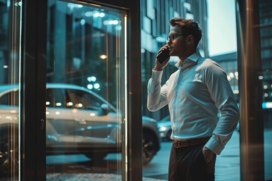 picture illustration of a young handsome businessman , elegant dressed sstanding near a building office door, urban city context talking at telephone