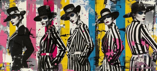 group portrait of model women with fashion suits, pop art collage and graphic design elements, banner pattern	