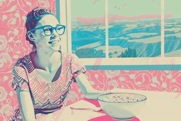 pop illustration of a young girl smiling in front of a bowl full of cereals, pastel background and a window behind with green landscape