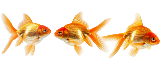 Collection of 3 cute gold fish In different view isolated on white background PNG