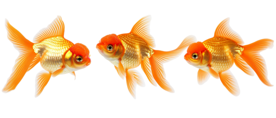 Collection of 3 cute gold fish In different view isolated on white background PNG
