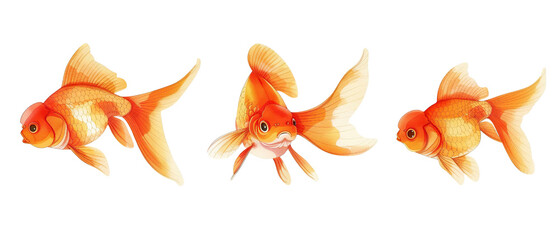 Fototapeta na wymiar Collection of 3 cute gold fish In different view isolated on white background PNG