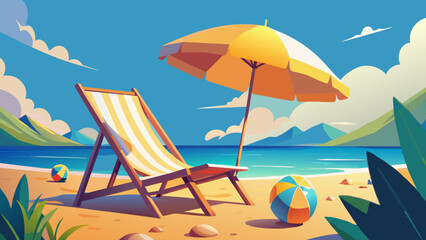 Fototapeta na wymiar Beach umbrella with chairs, inflatable ring on beach sand. 