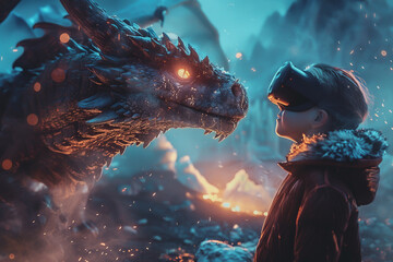 A child in VR glasses experiences a close encounter with a dragon - obrazy, fototapety, plakaty