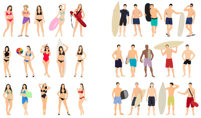 Active people diving, swim and surfing. Summer people swimming vector illustration - obrazy, fototapety, plakaty