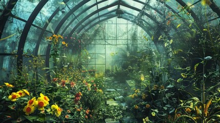 Magical botanical garden in fantasy old greenhouse - obrazy, fototapety, plakaty