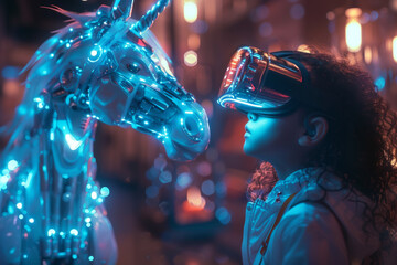 A child in VR glasses marvels at a towering unicorn robot in the metaverse - obrazy, fototapety, plakaty