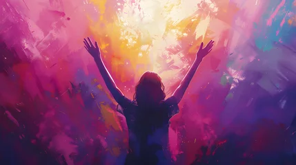 Foto op Canvas A woman raises her hands to worship and praise god in a Christian illustration with a purple and pink background. © Jhon