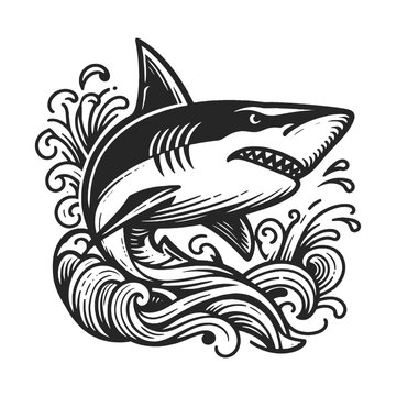shark surrounded by ocean waves and abstract sea elements tattoo sketch engraving generative ai fictional character vector illustration. Scratch board imitation. Black and white image. T-shirt design
