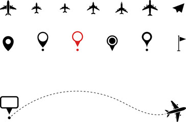 Airplane line path vector icon of air plane flight route with start point and dash line trace - vector illustration