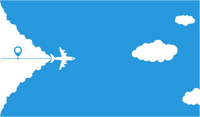 Airplane line path vector icon of air plane flight route with start point and dash line trace - vector illustration