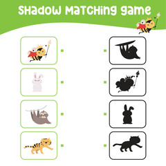 Matching shadow game for children. Find the correct shadow. Worksheet for kid. Printable activity page for kids