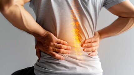 A person suffering from Back Pain. glow on spine of bad posture, office syndrome backache, and stress of the body. - obrazy, fototapety, plakaty