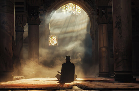 Muslim man in mosque, immersed in prayer and Quran reading. Concept of faith and devotion to Allah. generative ai