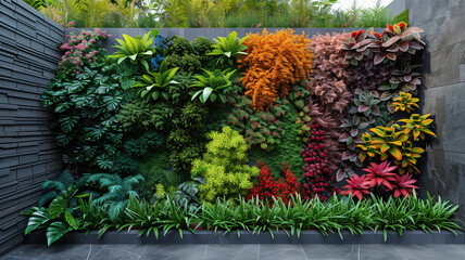 A wall covered in plants and flowers with a green border