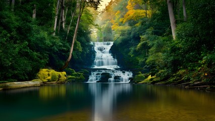 Soothing waterfall nestled within the serene beauty of a deep forest