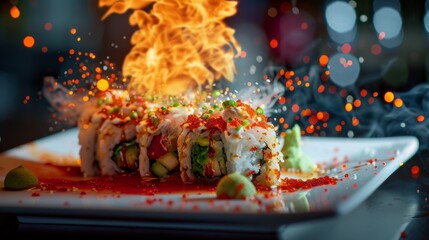 A fiery red explosion behind a plate of sushi with wasabi, symbolizing the spice's heat