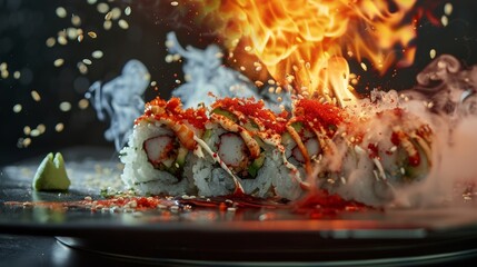 A fiery red explosion behind a plate of sushi with wasabi, symbolizing the spice's heat