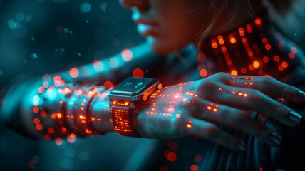 A woman wearing a smart watch with a glowing, digital design on her wrist - obrazy, fototapety, plakaty