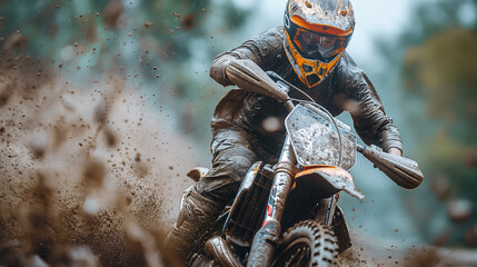 Muddy motocross rider in motocross.