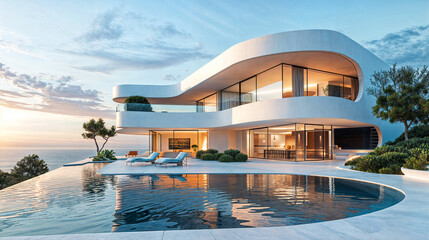 White luxury building with a swimming pool with panorama view on the sea