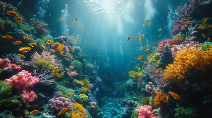A colorful coral reef with many fish swimming in it