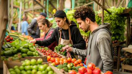 Young man selecting fresh tomatoes at a vibrant local farmers market, surrounded by a variety of organic produce. - obrazy, fototapety, plakaty