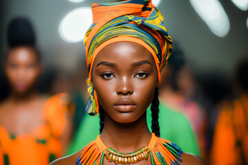 Elegant African model wearing a vibrant headwrap and traditional accessories at a fashion show event. - obrazy, fototapety, plakaty