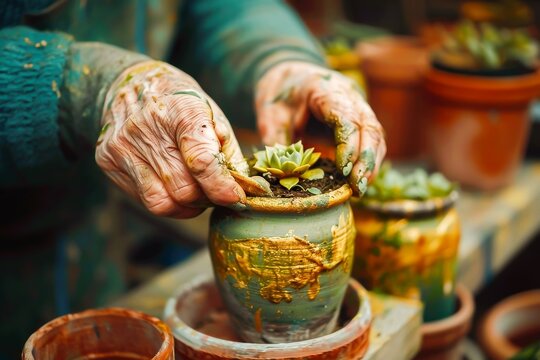 Elderly hands planting a succulent in a decorative terracotta pot, showcasing a love for gardening and nurturing life.