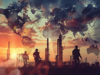 Silhouettes of workers and industrial plant with a stylized map of the world superimposed on a vibrant sunset sky. - obrazy, fototapety, plakaty