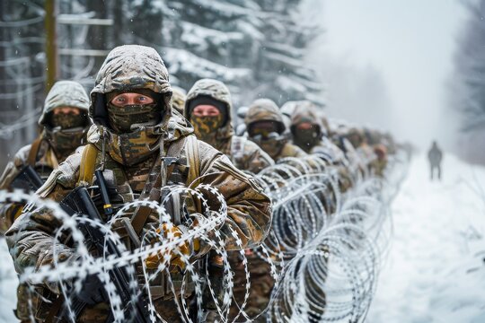 A line of camouflaged soldiers in winter gear standing behind barbed wire during a snowy military exercise.