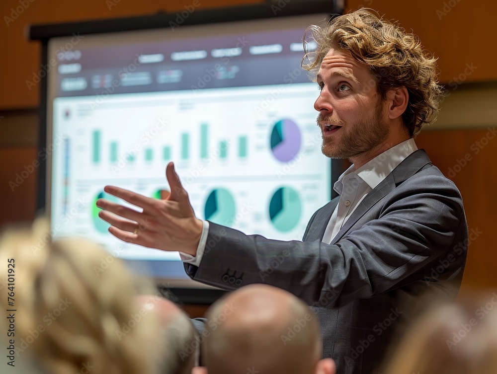 Poster a close-up photograph of a male presenter in a business suit, gesturing towards a digital presentati