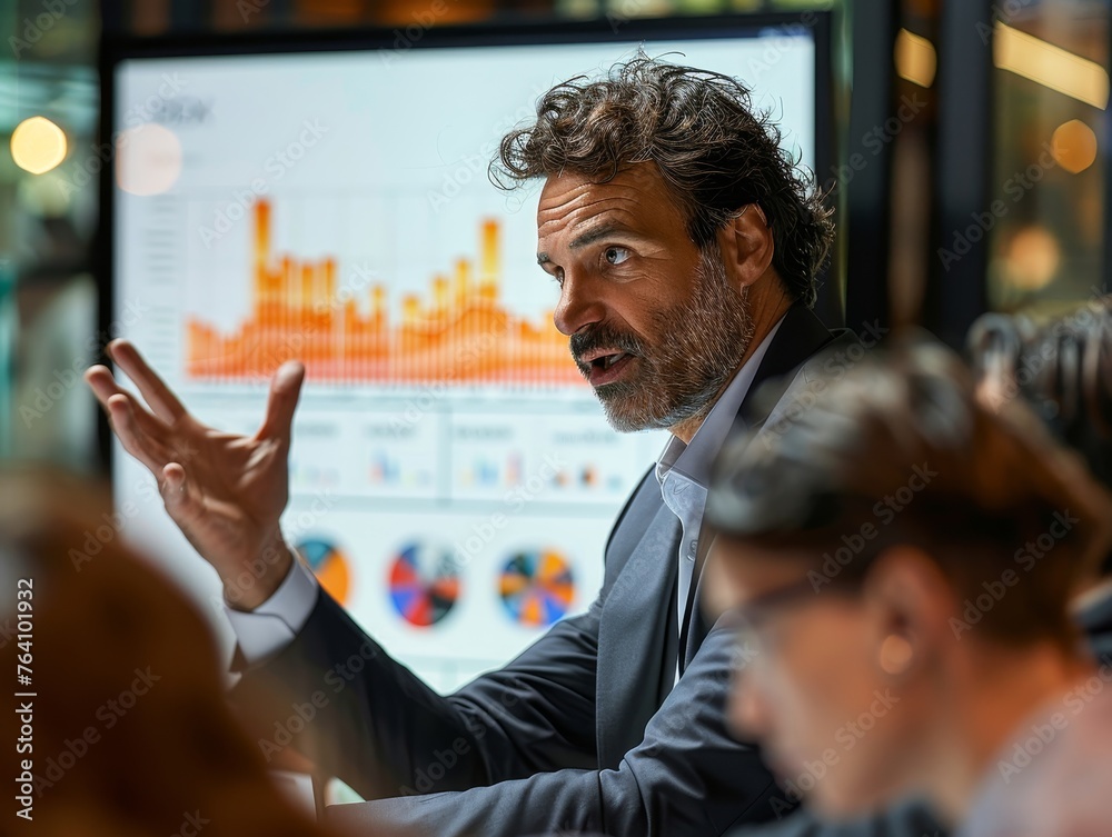 Poster A professional businessman passionately explaining complex data displayed on a large interactive screen to his team in a corporate setting.