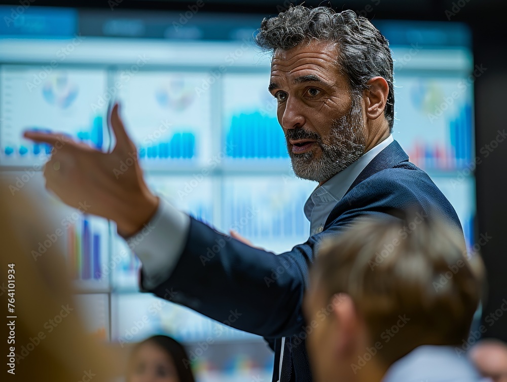 Aufkleber a professional businessman passionately explaining complex data displayed on a large interactive scr