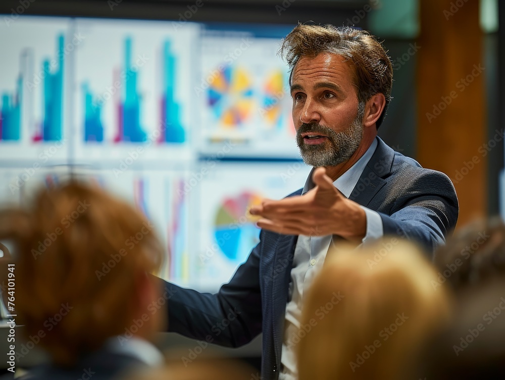 Poster a close-up photograph of a male presenter in a business suit, gesturing towards a digital presentati