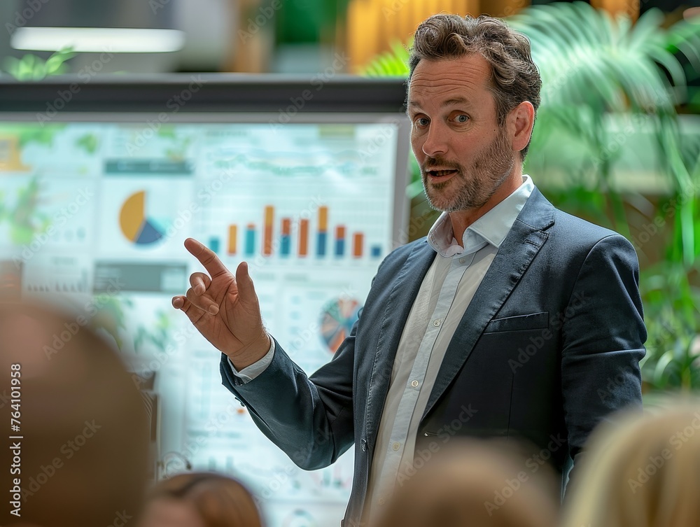 Aufkleber a professional businessman passionately explaining complex data displayed on a large interactive scr